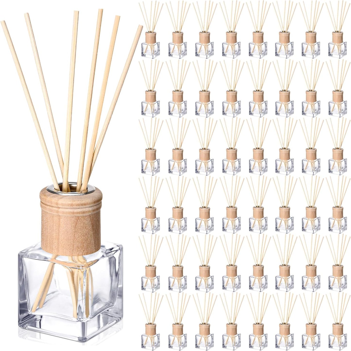 Roshtia 4 Set Reed Diffuser Bottle Empty Refillable Fragrance Glass Diffuser Bottles with Wooden Caps Rattan Sticks 50ml 1.7 oz Glass Jars for DIY Fragrance