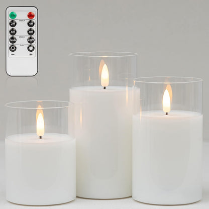 Blue Flameless Candles with Remote, Real Wax Glass Battery Operated Candles with Timer, LED Pillar Candle for Bedroom Home Wedding Birthday Party Fall Halloween Christmas Decorations, Set of 3