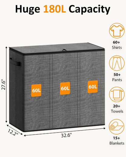 Optish 180L Laundry Hamper 3 Section, Large Laundry Hamper with Lid, Dirty Clothes Hampers with 3 Inner Bags, Laundry Basket Organizer for Laundry, Bedroom, Bathroom, Hamper 3 Compartment, Black