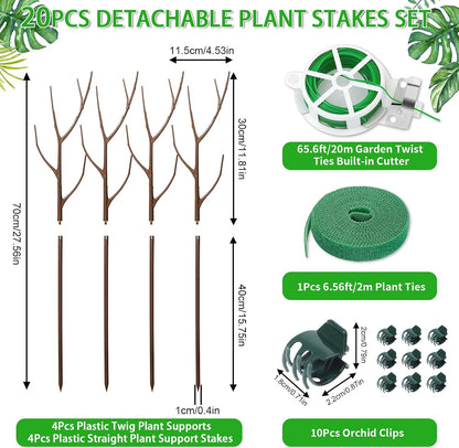 ROADPLUM 4 Pack 39.37" Detachable Twig Plant Support Stakes Set, Blends in to Plant, Branch Plant Sticks with Orchid Clips Twist Plant Ties, Twig Trellis for Indoor Outdoor Plants Potted Plants Flower