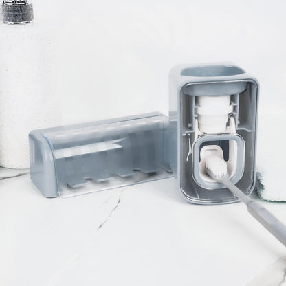 5 Slots Wall Mount Toothbrush Holder with Cover, Self Adhesive Toothbrush Storage Organizer for Shower, Toothbrush Hanger with Automatic Toothpaste Squeezer Dispenser