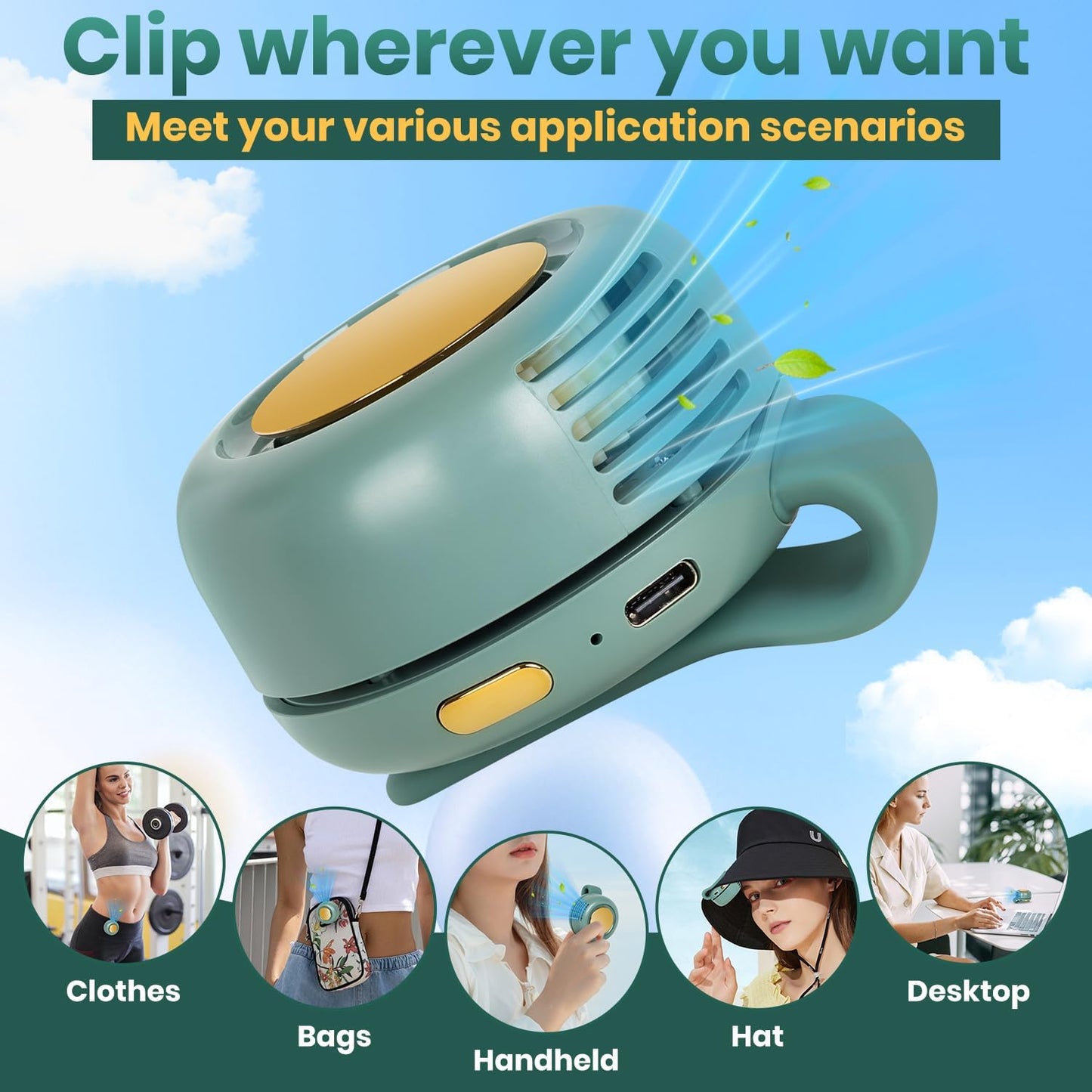 Portable Silent Mini Bladeless Fan Clip On, Small Fan Clip on for Shirt & Waist, Adjustable 3-Speed Suspended Whirlwind Fans, For Outdoor & Travel & Office, Travel Accessories (1, green)