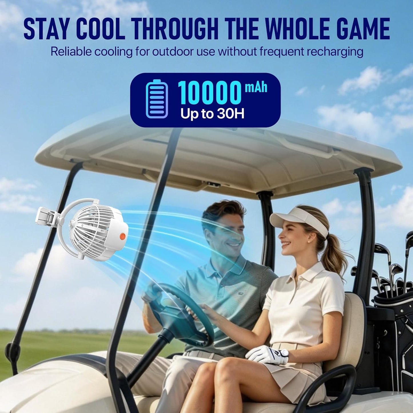 8-Inch Rechargeable Clip on Fan, 10000mAh Portable Camping Fan with LED Light, 9-Speed Ultra Quiet Airflow, 30H Runtime, 360° Rotating Desk Fan for Golf Cart, Bedroom, Office, Dorm, Black