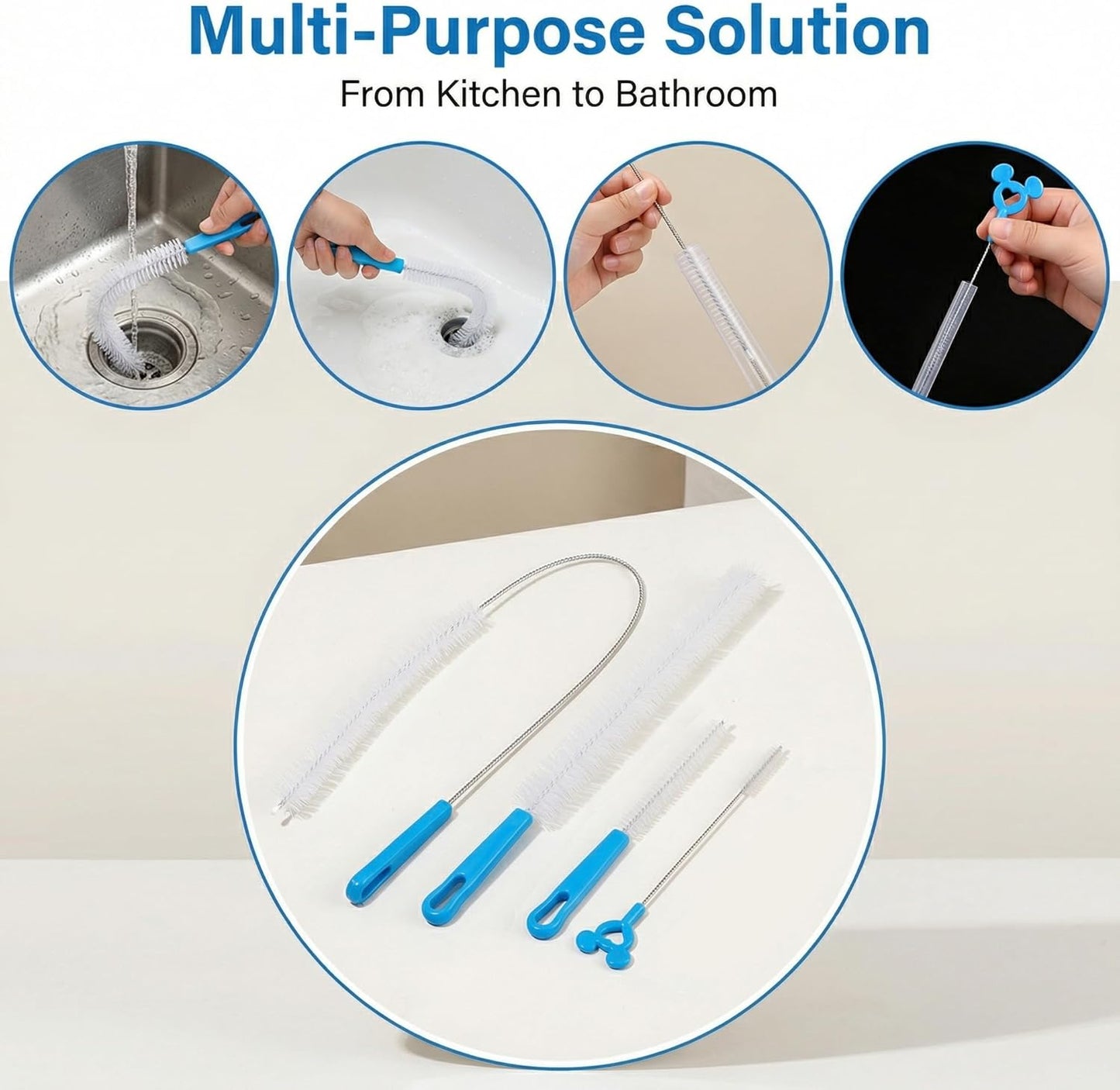 Flexible Drain Cleaning Brush Set, Long Pipe Cleaner for Kitchen Sink, Shower, Tub Hair Clogs, White, 4 Pack