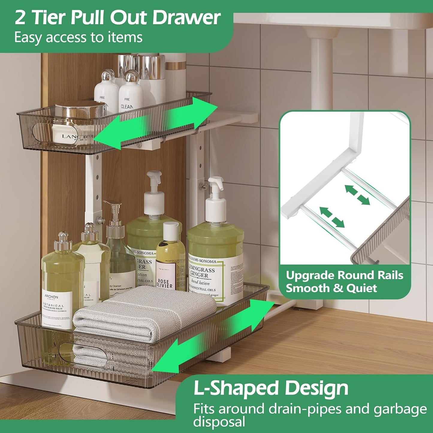 ADRIMER Under Sink Organizer 2 Packs, Pull Out Kitchen Sink Organizer, 2 Tier Slide Out Kitchen Organizers and Storage Bathroom Under Cabinet Storage Shelf, Transparent & White