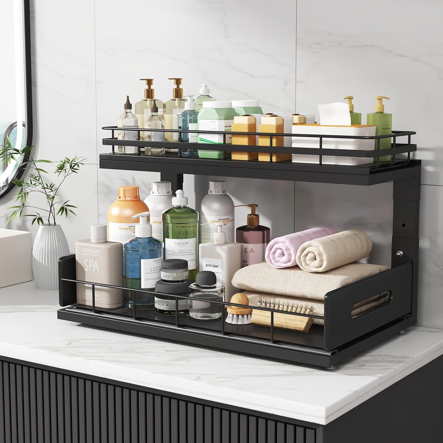 Under Sink Organizer Upgrade To Professional Rails,2-Tier Dual Pull Out Cabinet Storage,Height Adjustable Slide Out Drawers For Bathroom Kitchen,2 Pack-14.5" Dx12.8-16.9" H,White