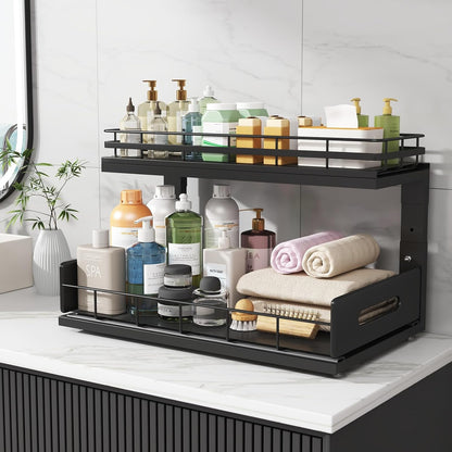 Under Sink Organizer Upgrade To Professional Rails,2-Tier Dual Pull Out Cabinet Storage,Height Adjustable Slide Out Drawers For Bathroom Kitchen,2 Pack-14.5" Dx12.8-16.9" H,White