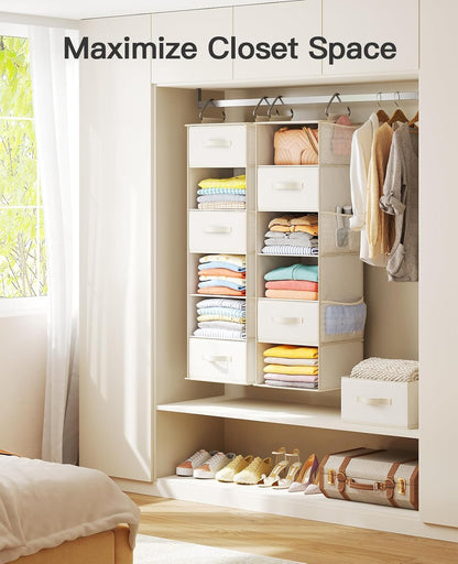 Pipishell Hanging Closet Organizer 6-Shelf, Hanging Shelves for Closet with 3 Removable Drawers & Side Pockets for Bedroom, Garment Rack and Wardrobe Organization, 12' x 12' x 43.3', Dark Gray