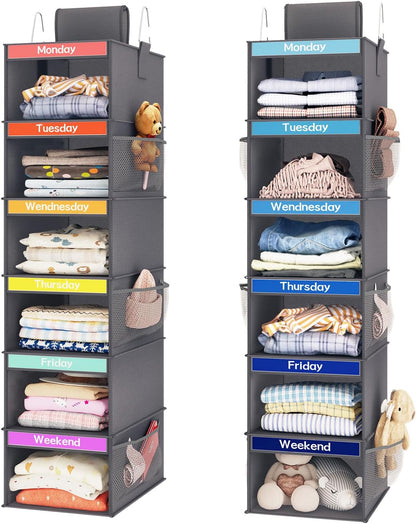Fixwal 2 Pack 6-Shelf Weekly Hanging Closet Organizer for Kids, Kids Daily Clothes Organizers with 6 Side Pockets, Days of The Week Hanging Storage Shelves (White)