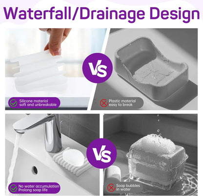 2 Pcs Self Draining Silicone Soap Holder - Waterfall Design Soap Dishes for Bathroom, Keeps Soap Bars Dry & Clean,White