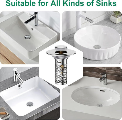 Bathroom Sink Drain Strainer,Universal Pop-Up Sink Stopper Hair Catcher, Anti-Clog Stainless Steel Drain Filter Basket, Removable Sink Drain for Bathroom Sink Stopper (Ysilver-2（with Buckle）)