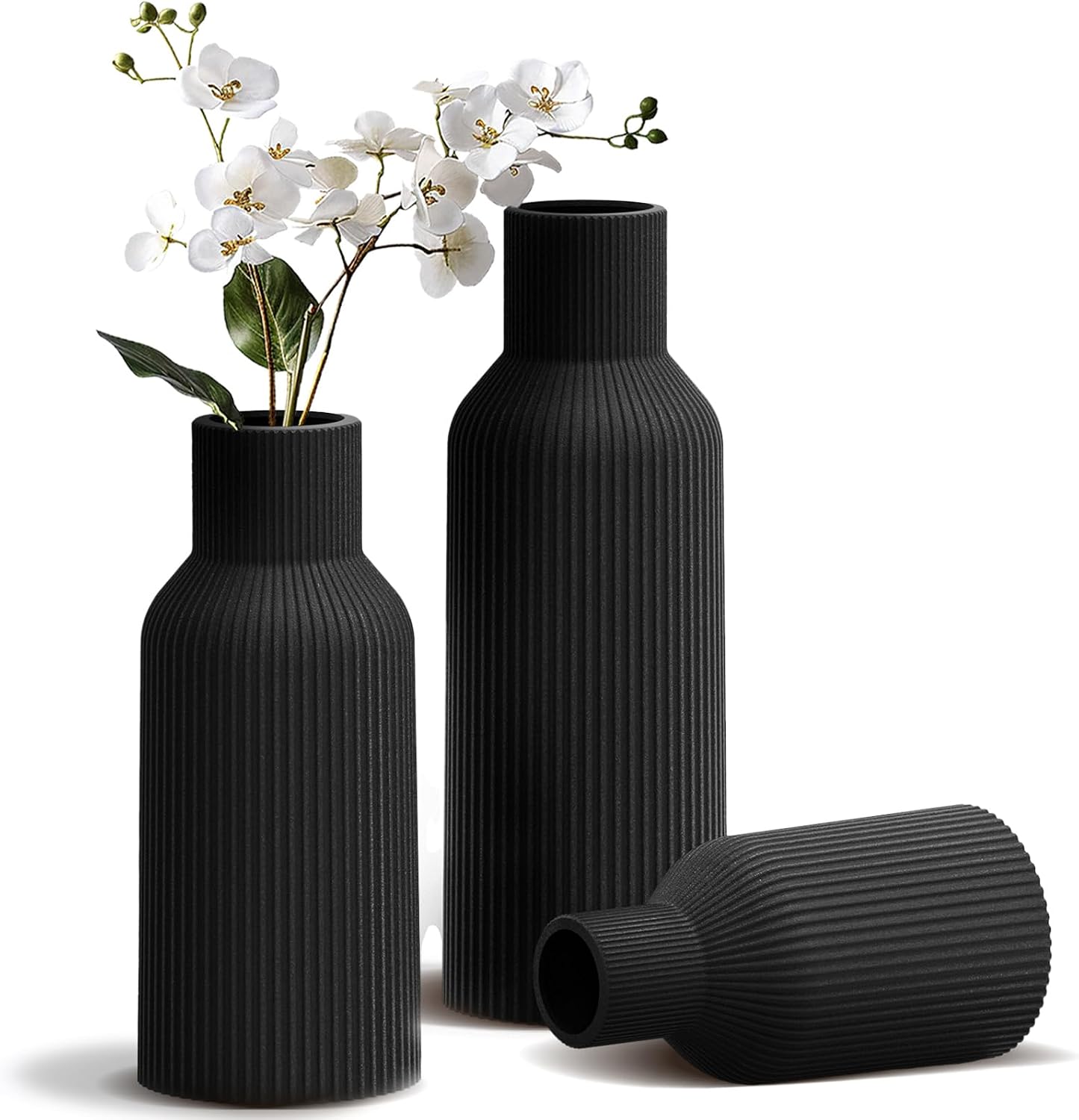 White Ceramic Flower Vases Set of 3, Modern Matte Vertical Ribbed, Nordic Minimalist Decor for Pampas, Dried & Fresh Flowers, Centerpiece for Living Room, Shelf, Entryway, Wedding,Office