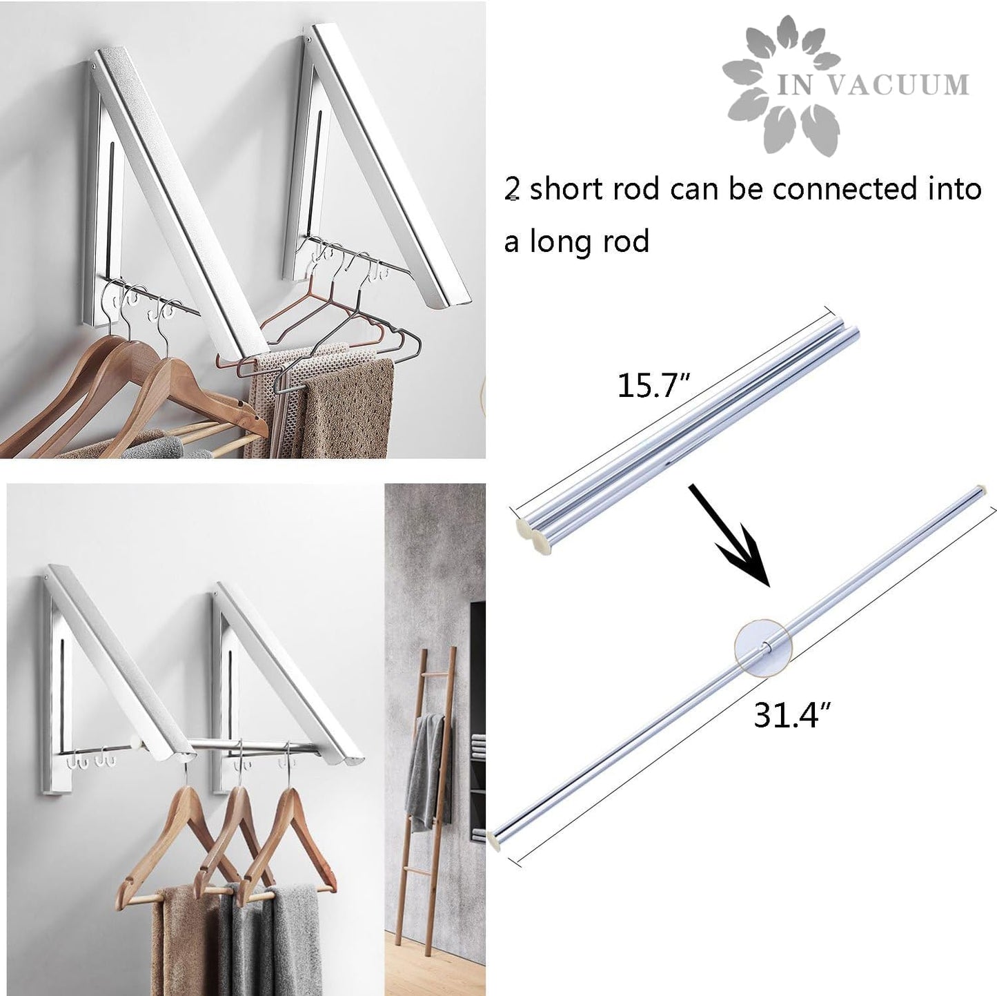 IN VACUUM Clothes Drying Rack, Laundry Racks for Drying Clothes, Wall Mounted Retractable Clothes Hanger for Laundry Room, Garage, Indoor & Outdoor Use, Aluminum (1 Racks, Black)