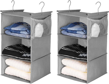 MAX Houser 3 Tier Shelf Hanging Closet Organizer, Space Saver,Closet Hanging Shelf with 2 Sturdy Hooks for Storage, Foldable (Grey)