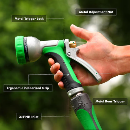 RESTMO Garden Hose Nozzle Heavy Duty, Leak-proof Water Hose Sprayer | 7 Adjustable Spray Patterns, Durable Metal, Flow Control, Ideal for Plants & Lawns Watering, Cars & Pets Washing, Green