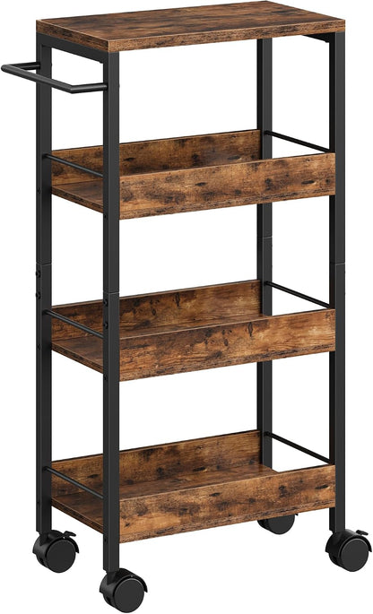 CHOEZON 4-Tier Slim Storage Cart, 5.1'' Kitchen Serving Trolley, Slim Rolling Cart with Handle and Guard Rails, Slim Cabinet for Small Spaces, for Dining Room, Rustic Brown and Black TTC01BF