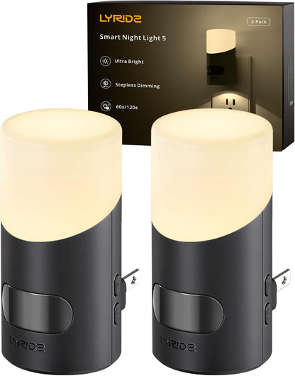 Lyridz LED Night Lights Plug into Wall with Motion Sensor, 1-150LM Dimmable Plug-in Nightlight Indoor for Bedroom, Bathroom, Hallway, Stairs, Pet House, Toilet, 2 Pack