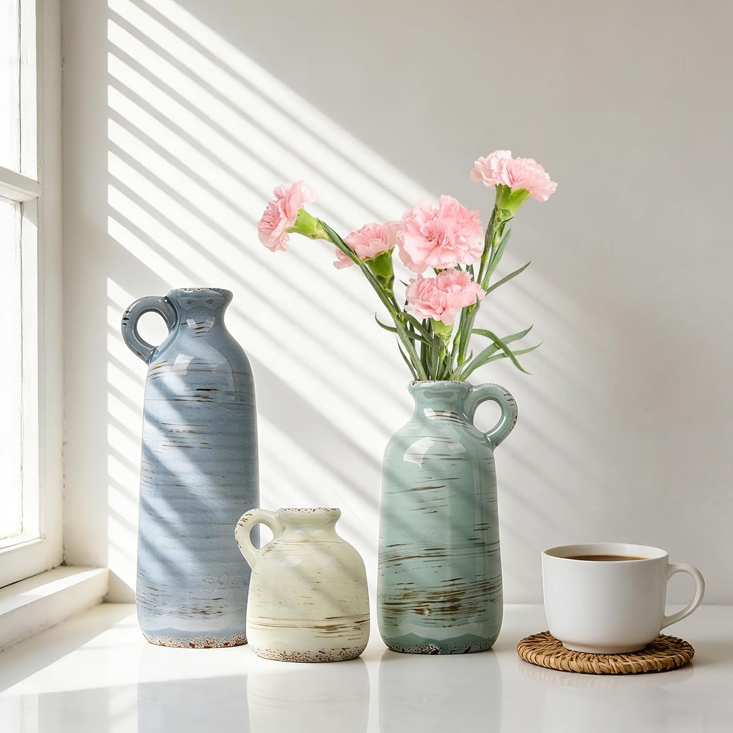 CUCUMI Ceramic Vase Set of 5, Home Decor Farmhouse Décor Handmade Pottery Vases for Pampas Grass, Dried Fresh Flowers, Table, Living Room, Kitchen, Shelf, Entryway Mantel Neutral Tones