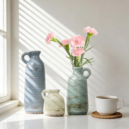 CUCUMI Ceramic Vase Set of 5, Home Decor Farmhouse Décor Handmade Pottery Vases for Pampas Grass, Dried Fresh Flowers, Table, Living Room, Kitchen, Shelf, Entryway Mantel Neutral Tones