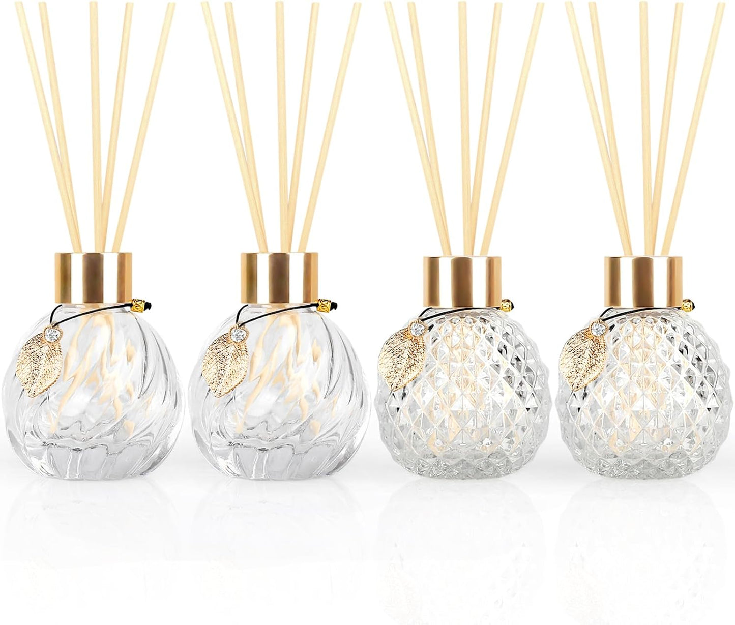 4-Piece Reed Diffuser Set with Metal Golden Decoration, 3.5-4.2oz Empty Bottles and 20 Reed Sticks, Unique Design for Home and Office (4 Different Bottles)