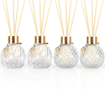 4-Piece Reed Diffuser Set with Metal Golden Decoration, 3.5-4.2oz Empty Bottles and 20 Reed Sticks, Unique Design for Home and Office (4 Different Bottles)