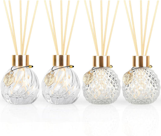 4-Piece Reed Diffuser Set with Metal Golden Decoration, 3.5-4.2oz Empty Bottles and 20 Reed Sticks, Unique Design for Home and Office (4 Different Bottles)