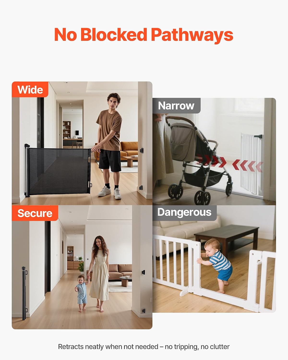 VEVOR Retractable Baby Gate, Extends to 202.7 inch Extra Wide, 39 inch Tall, with Reinforced Fiberglass Strips, Avoids Crawling Through, Mesh Dog Gate for Decks, Doorways, Garages, Indoor, Black