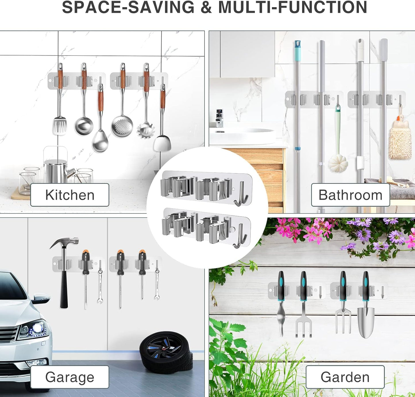 homeasy Wall Mount Mop and Broom Holder, Heavy Duty Stainless Steel Organizer Rack with Hooks | 2-Pack, 2-in-1 No Drill & Screw Installation, Black