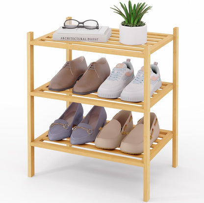 Smiry Bamboo Shoe Rack, 3 Tier Free Standing Wooden Shoe Organizer, Stackable Wood Shoe Storage Shelf for Closet, Entryway, 5 Horizontal Slats, 26.8"x11"x18.3", Natural