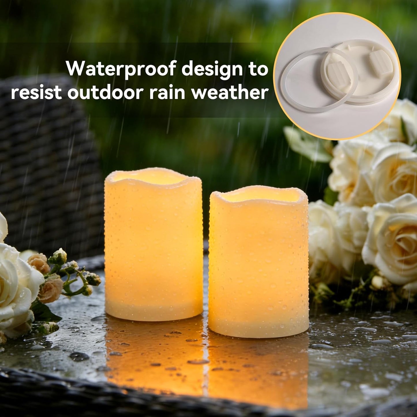 Raycare Outdoor Waterproof Flameless Candles, Battery Operated LED Electric Candles with Remote and Timers, Fake Pillar Candle for Patio, Porch, and Wedding Decor, Ivory, Set of 3(3"x4" 5" 6")