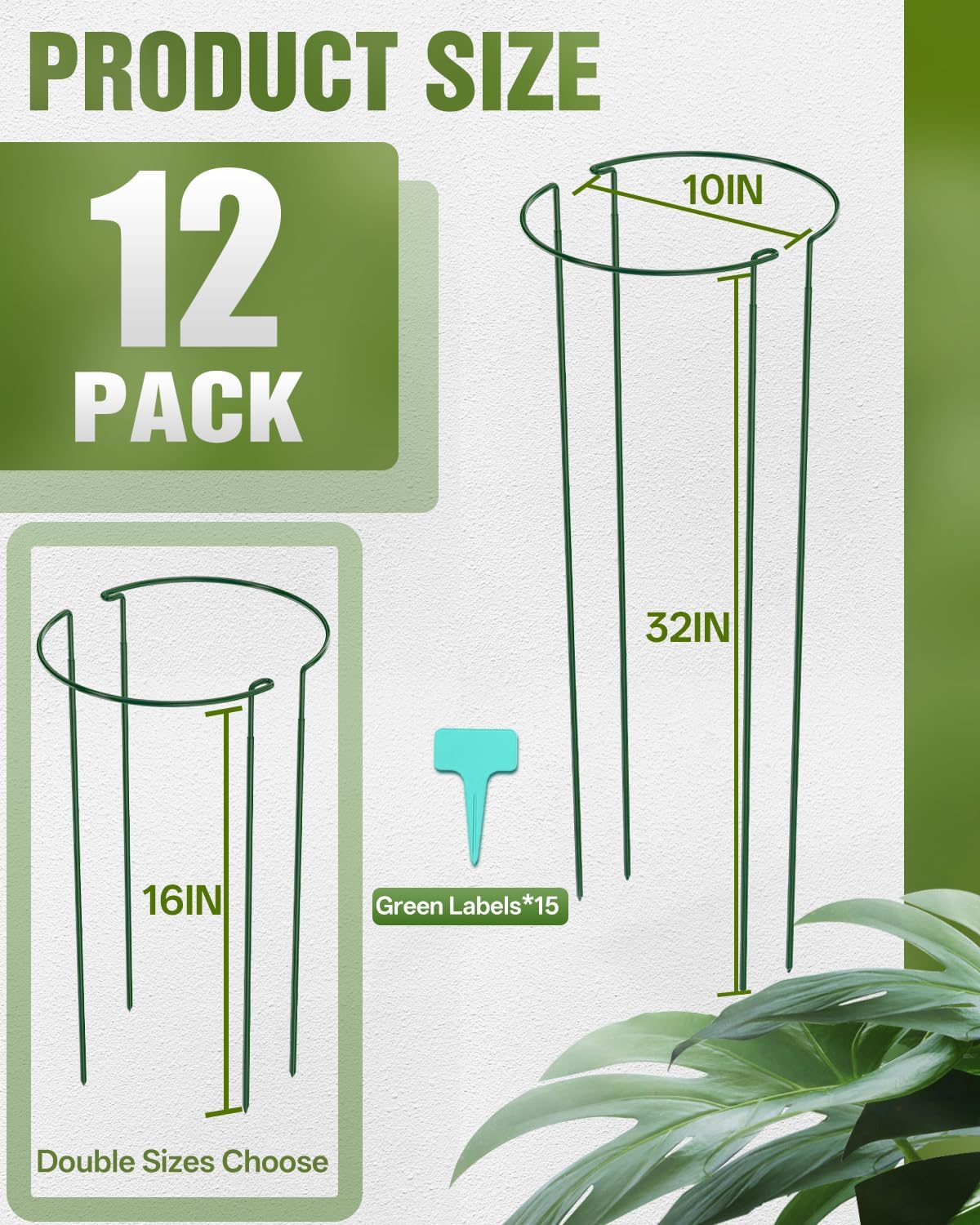 12 Pack 16 Inch Metal Plant Support Stakes for Outdoor Plants and Flowers | Peony cages and supports, Flower stakes, Includes 15 Pcs twist ties, Sturdy, Rust-proof, Easy to install, Durable
