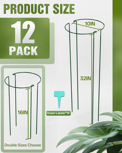 12 Pack 16 Inch Metal Plant Support Stakes for Outdoor Plants and Flowers | Peony cages and supports, Flower stakes, Includes 15 Pcs twist ties, Sturdy, Rust-proof, Easy to install, Durable