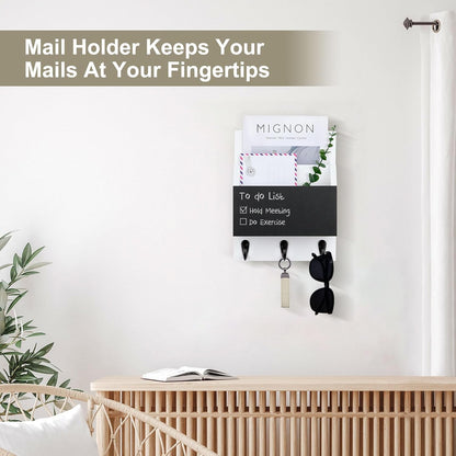 Key and Mail Holder for Wall Mount, Entryway Mail Holder with 2 Slot, Key Holder with 3 Sturdy Hooks for Coat, Dog Leash, Decorative Key Rack (8.86”W x 11.42”H x 3”D) (Black)
