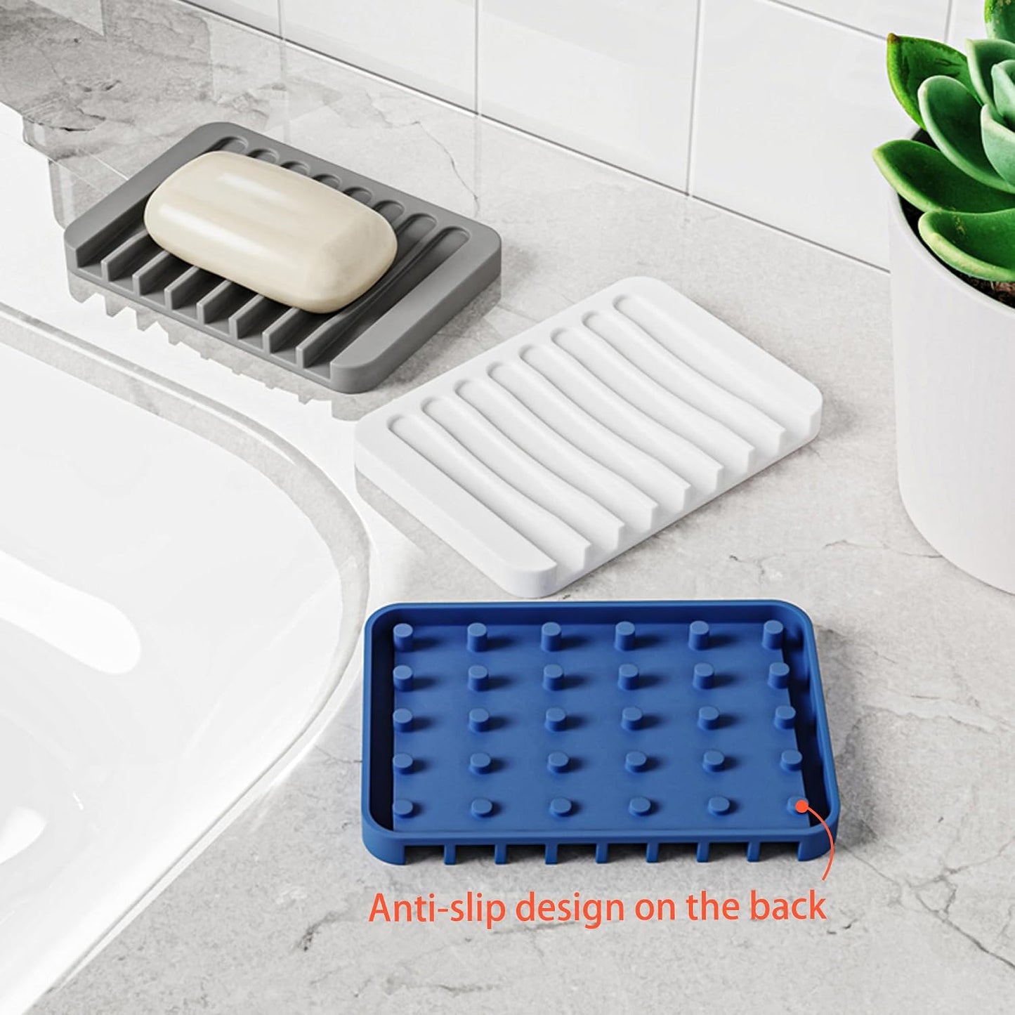 4-Pack Self Draining Soap Dish for Shower Bathroom Waterfall Silicone Soap Saver Tray Sponge Holder for Kitchen Sink Non-Slip Easy Clean (Black and White)