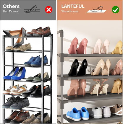 LANTEFUL 10 Tiers Shoe Rack 50 Pairs Large Capacity Tall Shoe Organizer Sturdy Shoe Storage with Two Hooks Space Saving Metal Wide Shoe Rack for Closet, Entryway, Bedroom, Black