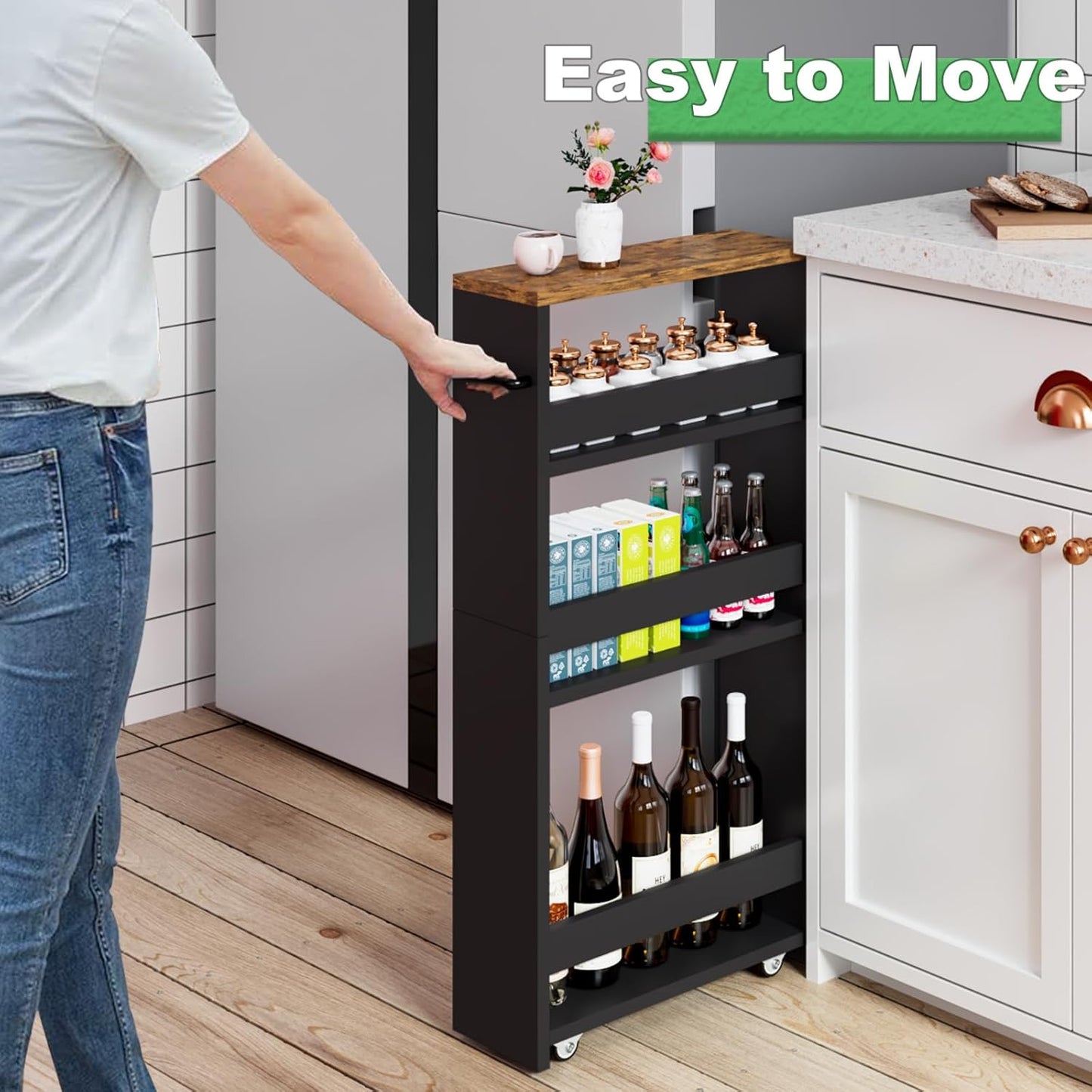 MARTY Slim Rolling Storage Cart 4-Tier Kitchen Cart with Wheels, Laundry Room Storage with Handle Slide Out Utility Cart Shelving Unit Organizer Trolley for Narrow Places Bathroom Small Corner, Black