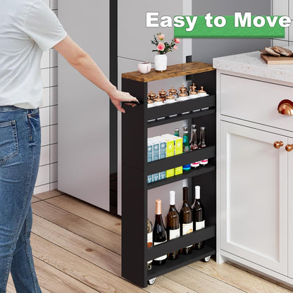 MARTY Slim Rolling Storage Cart 4-Tier Kitchen Cart with Wheels, Laundry Room Storage with Handle Slide Out Utility Cart Shelving Unit Organizer Trolley for Narrow Places Bathroom Small Corner, Black