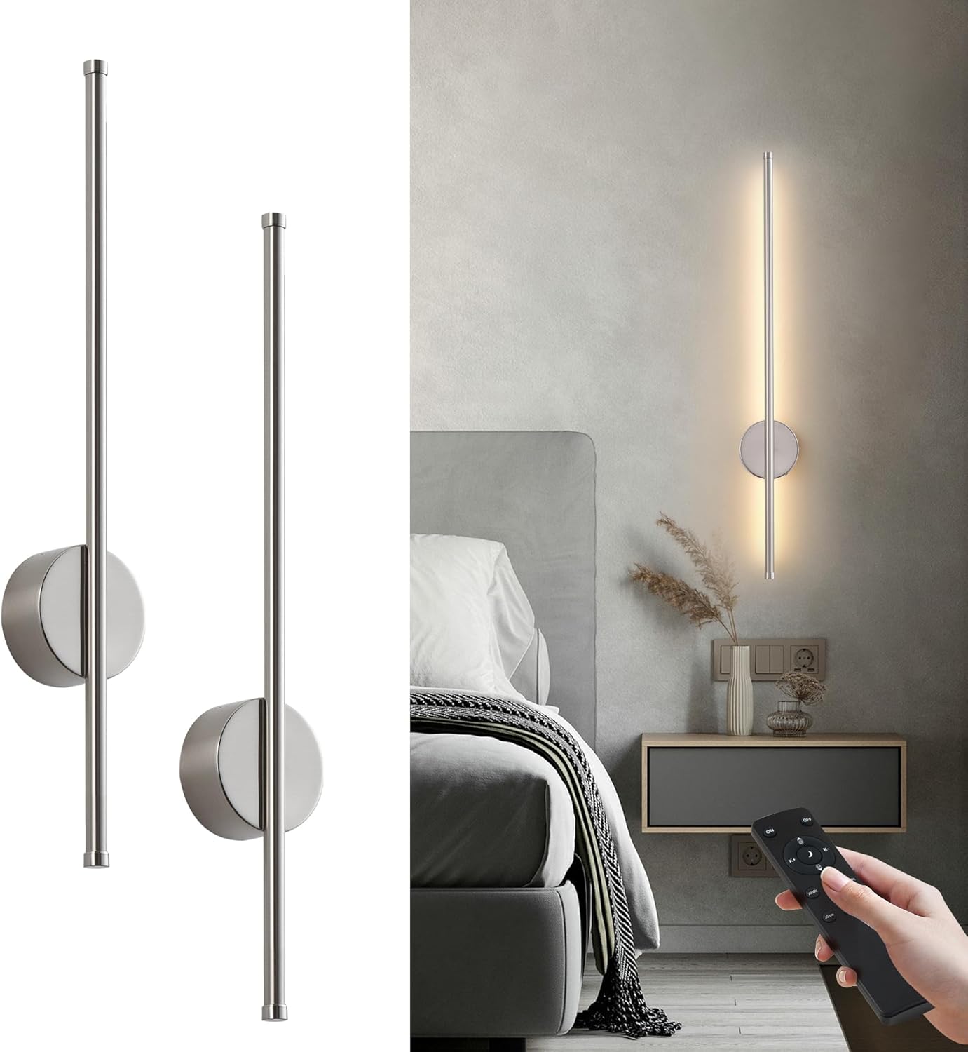 Battery Operated Modern Wall Sconces, Dimmable Wireless Wall Light Set of Two with Remote Control, 3 Color Temperatures, Rechargeable LED Wall Sconce for Bedroom, Living Room, Hallway, 23.6 Inch Brass