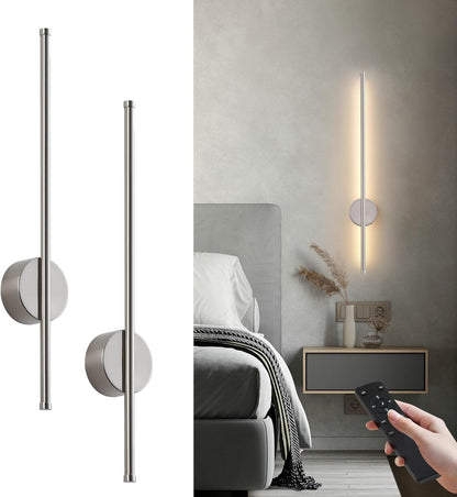 Battery Operated Modern Wall Sconces, Dimmable Wireless Wall Light Set of Two with Remote Control, 3 Color Temperatures, Rechargeable LED Wall Sconce for Bedroom, Living Room, Hallway, 23.6 Inch Brass