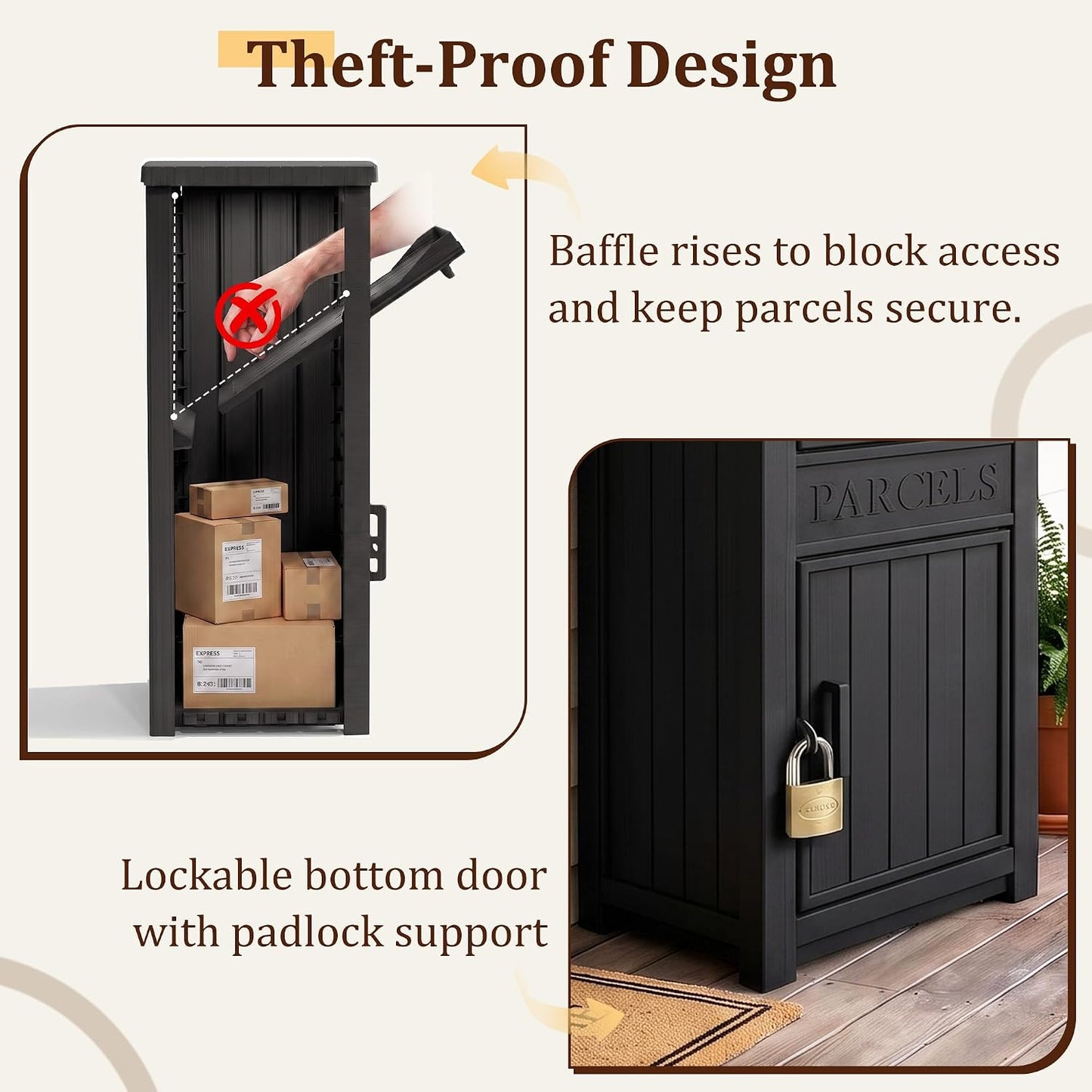 Outdoor Storage Box, 90 Gallon Package Delivery Boxes for Outside, with Lockable Secure, Deck Box Outdoor Waterproof for Entryway, Front Porch, Backyard, Garden, Patio, Lawn, Black