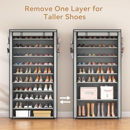 ROJASOP 10 Tier Shoe Rack with Covers,Large Capacity Stackable Tall Shoe Shelf Storage to 50-55 Pairs Shoes and Boots Sturdy Metal Free Standing Shoe Rack Organizer for Closet Entryway Garage