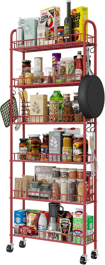 Slim Rolling Storage Cart with Wheels, Metal 6 Tier Spice Rack Mobile Shelving Unit Organizer Kitchen Utility Cart for Office Bathroom Kitchen Laundry Room Narrow Places (6inches)