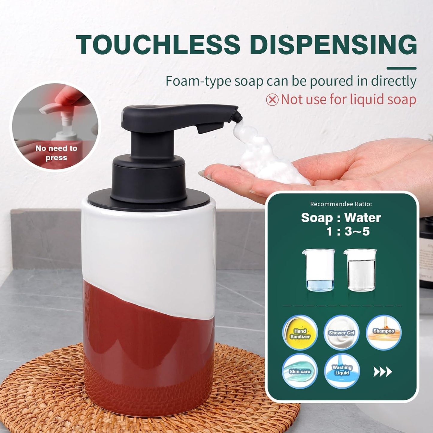 BosilunLife Automatic Soap Dispenser Ceramic Hand Free Soap Dispenser with Waterproof Pump Rechargeable Smart Electric Lotion Soap Dispenser Touchless (White-Green, Foam Pump)