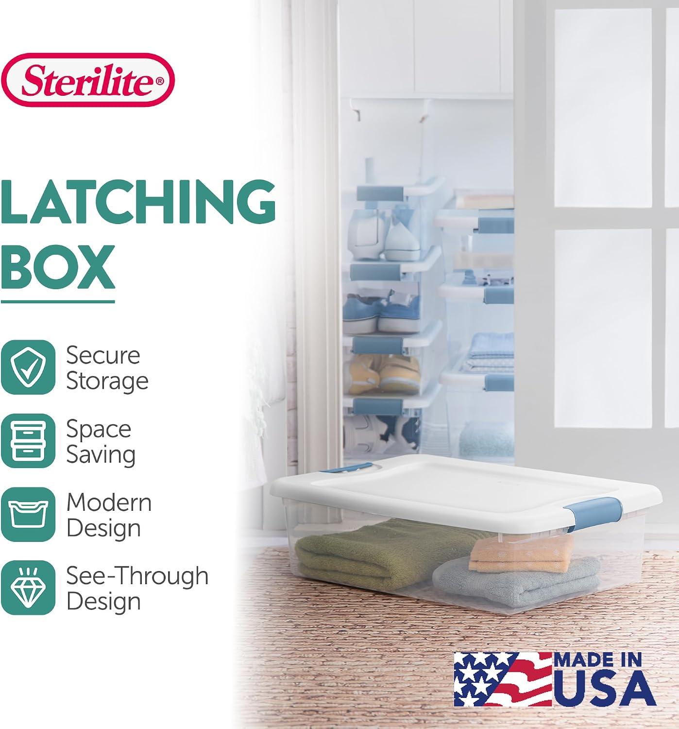 Sterilite 4-Pack 56 Quart Wheeled Latching Box, Underbed Clear Plastic Storage Organizer - Under Bed Rolling Container Bin with Lid and Wheels for Home or Dorm Bedrooms and Closets