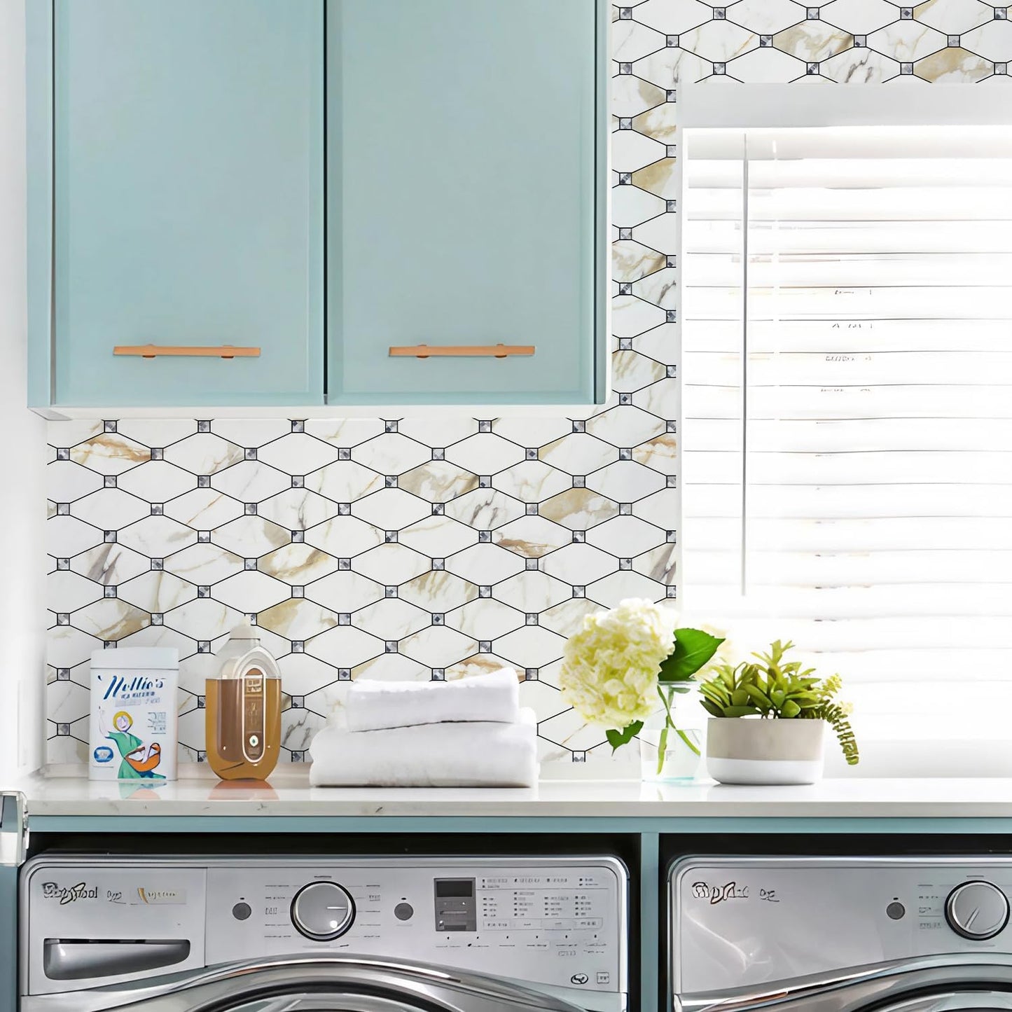 STICKGOO 10 Sheets Peel and Stick Backsplash, Polished Dolomite PVC Mixed Metal Gold Kitchen Backsplash, Stick on Backsplash Wall Tiles for Kitchen, Bathroom, RV