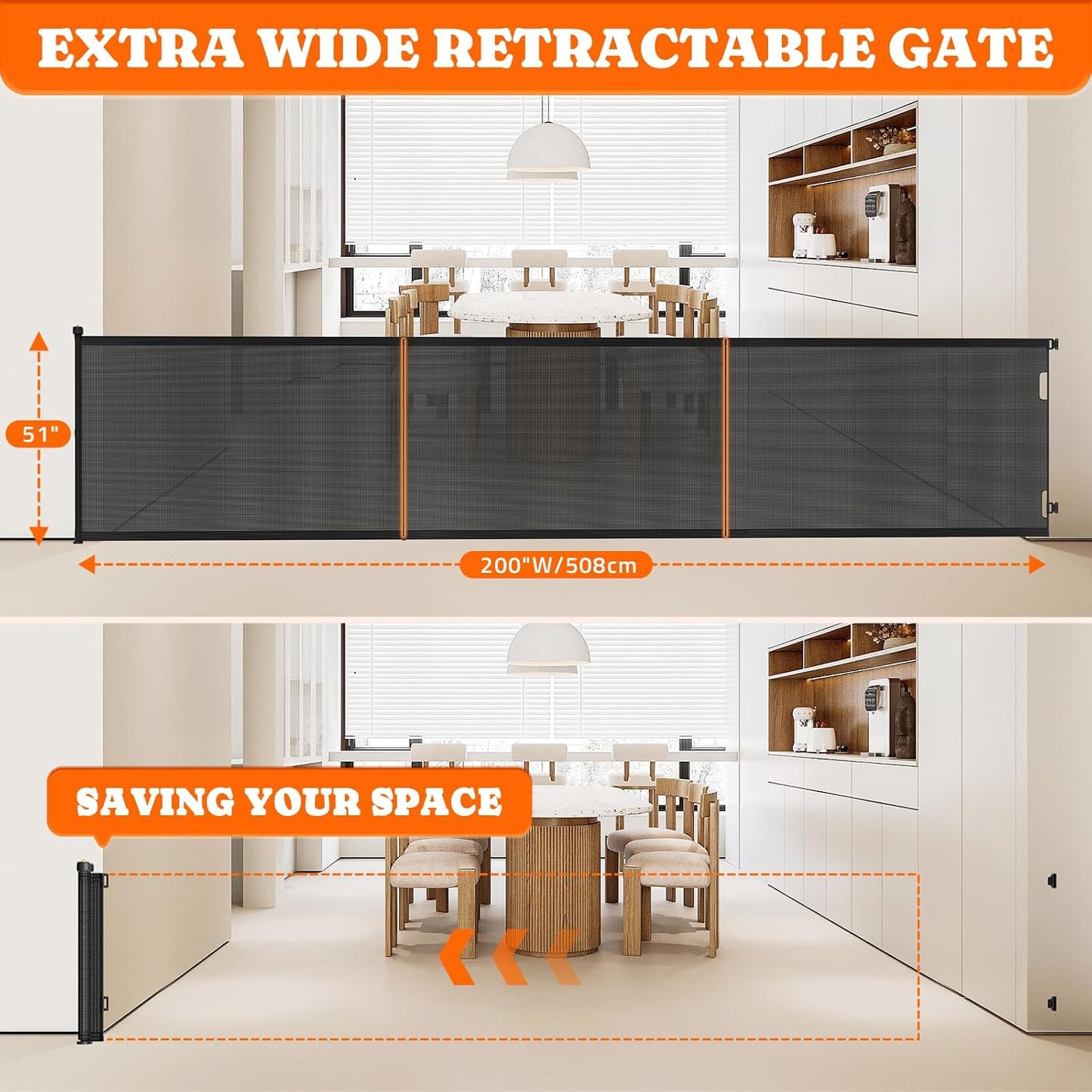 Pawtners Retractable Baby Gates Extra Wide, 41" Tall Extends up to 71" Wide, Dog Gate Indoor for Stairs, Pet Gate with Support Rods for Doorways Hallways Indoor & Outdoor-Black