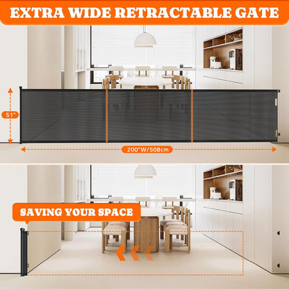 Pawtners Retractable Baby Gates Extra Wide, 41" Tall Extends up to 71" Wide, Dog Gate Indoor for Stairs, Pet Gate with Support Rods for Doorways Hallways Indoor & Outdoor-Black