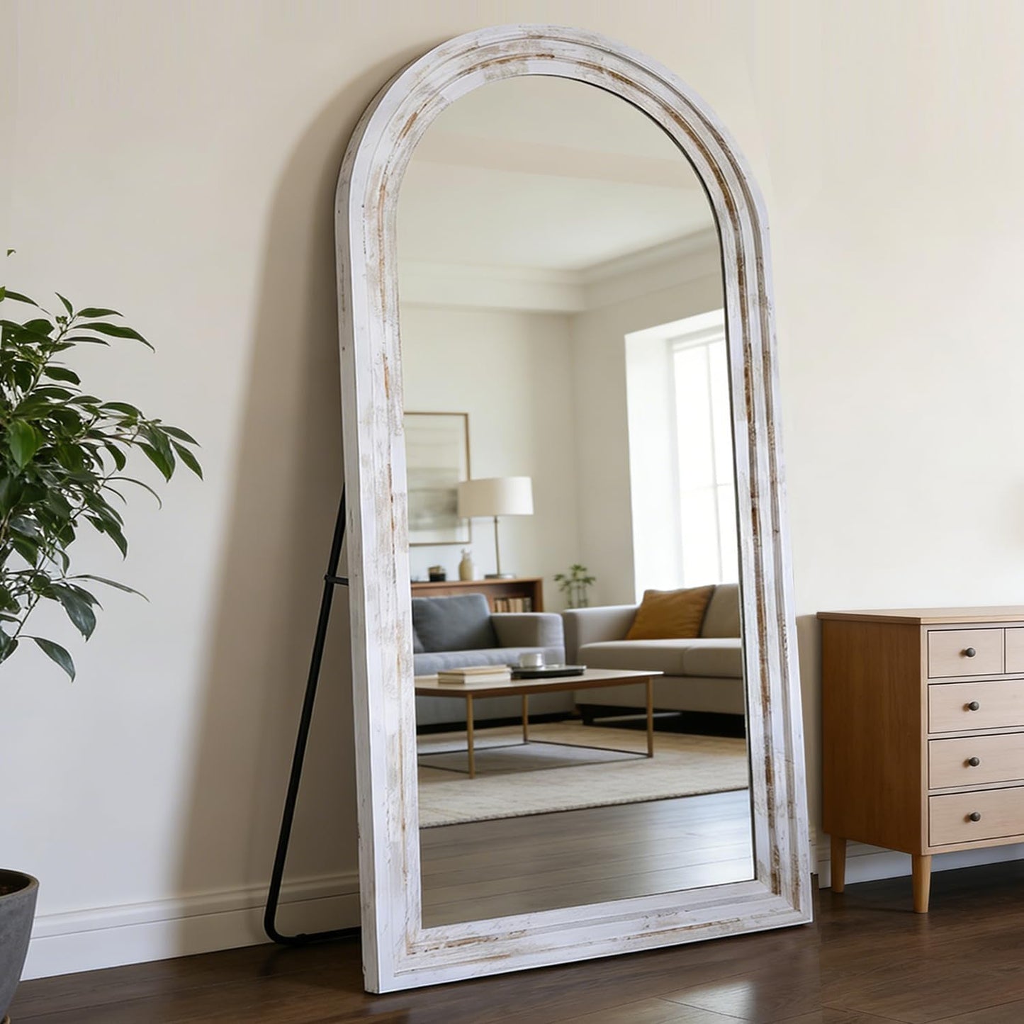 71x32 Inch Arched Full Length Mirror with Solid Wood Frame Wall Mounted Floor Mirror, Vertical Hanging Leaning Standing Mirror for Living Room, Bedroom, Entryway, Brown