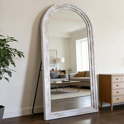 71x32 Inch Arched Full Length Mirror with Solid Wood Frame Wall Mounted Floor Mirror, Vertical Hanging Leaning Standing Mirror for Living Room, Bedroom, Entryway, Brown