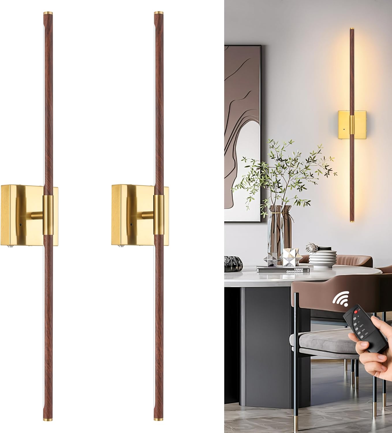 Morauroral Battery Operated Wall Sconces Set of 2, 10000mAh Rechargeable Sconces, 3000K-6000K Dimmable LED Wall Lamp with Remote, 24 Inch Black Gold Wireless Wall Lights for Bedroom, Living Room